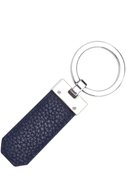 Marineblauer Schlüsselanhänger aus genarbtem Leder und Messing mit Logo