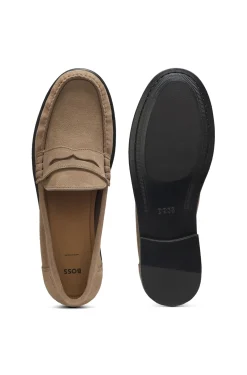 Mokassins aus Veloursleder mit Pennyloafer-Detail und geprägtem Logo