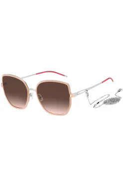 Nudefarbene Sonnenbrille mit geteilten Bügeln und Logo-Kette