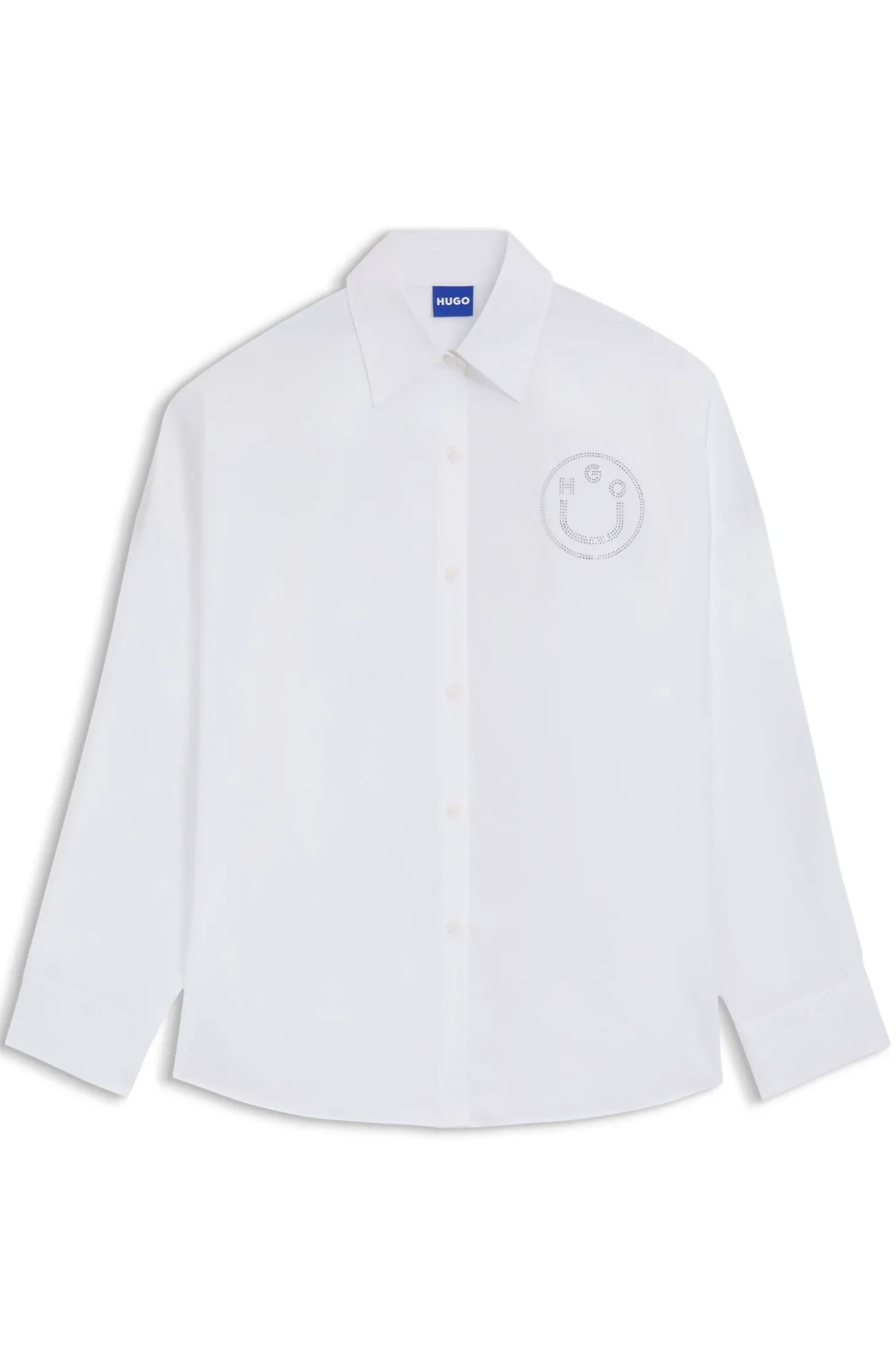 Oversized Bluse mit Happy HUGO Logo aus Strasssteinen