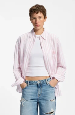 Oversized-Fit Bluse aus gestreifter Baumwolle mit Happy HUGO Logo