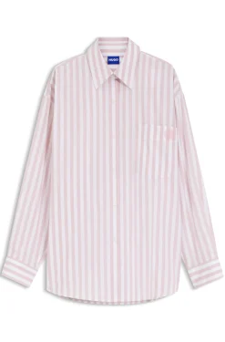 Oversized-Fit Bluse aus gestreifter Baumwolle mit Happy HUGO Logo