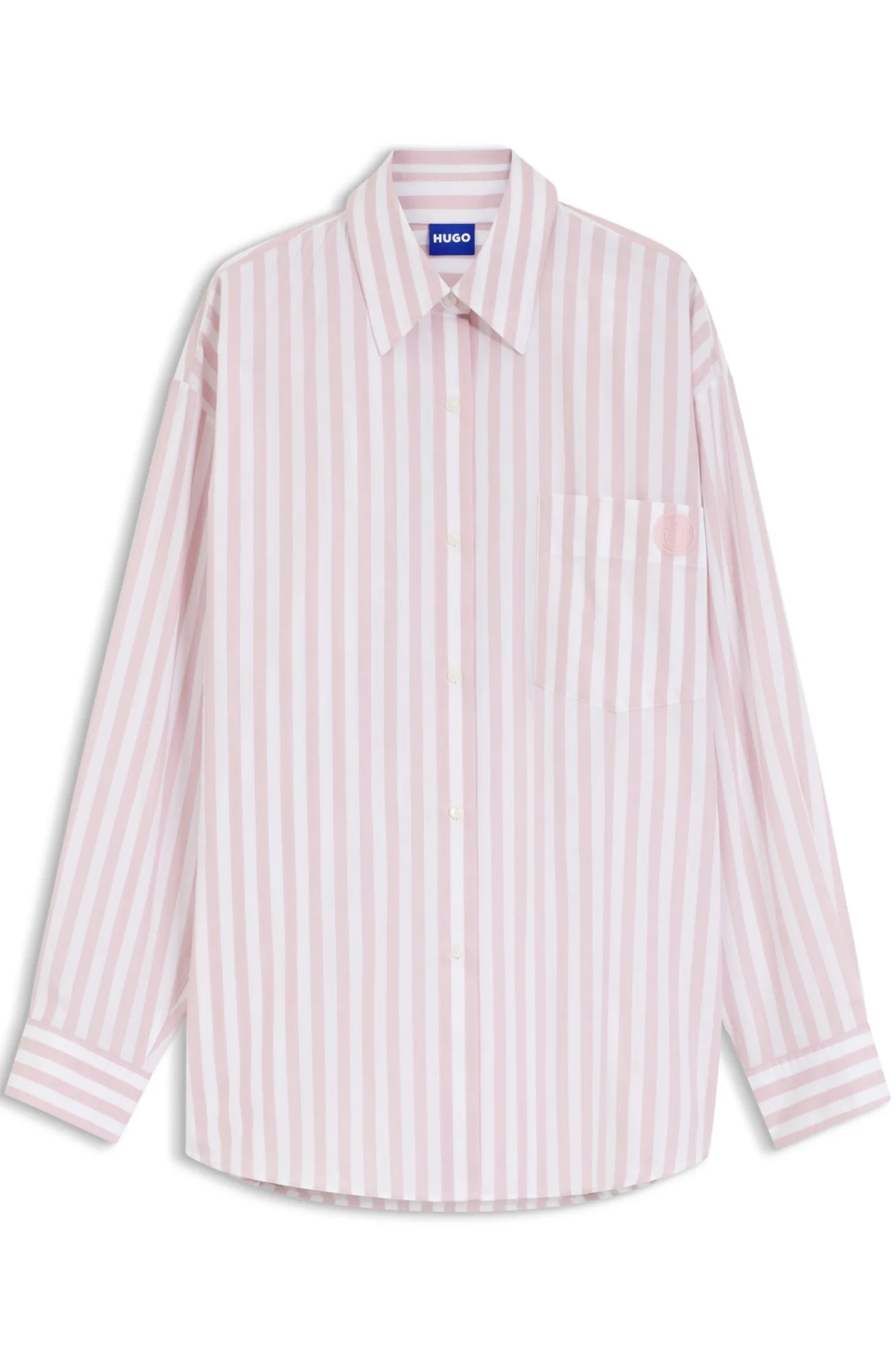 Oversized-Fit Bluse aus gestreifter Baumwolle mit Happy HUGO Logo