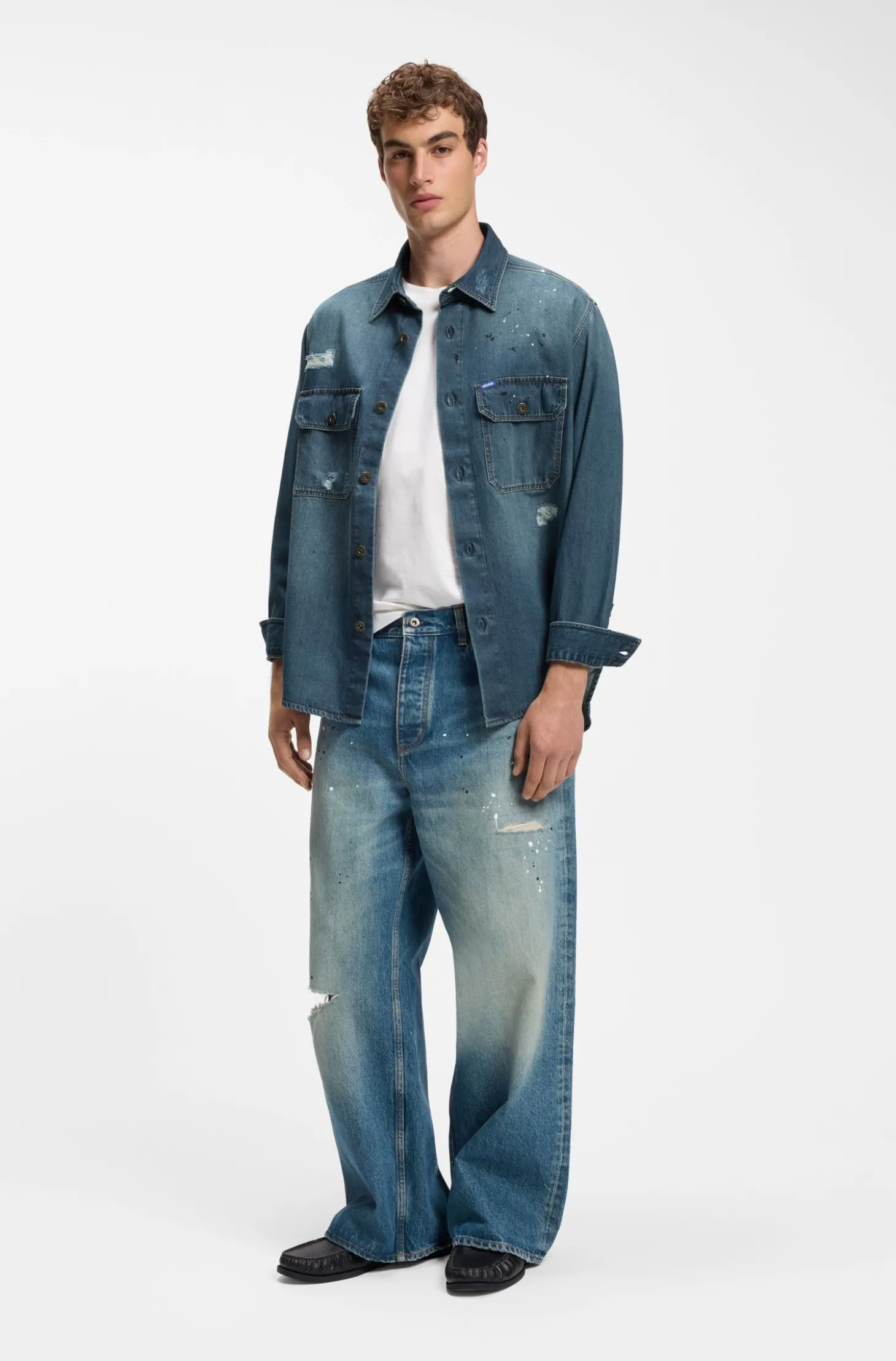 Oversized-Fit Overshirt aus Denim mit Farbspritzern