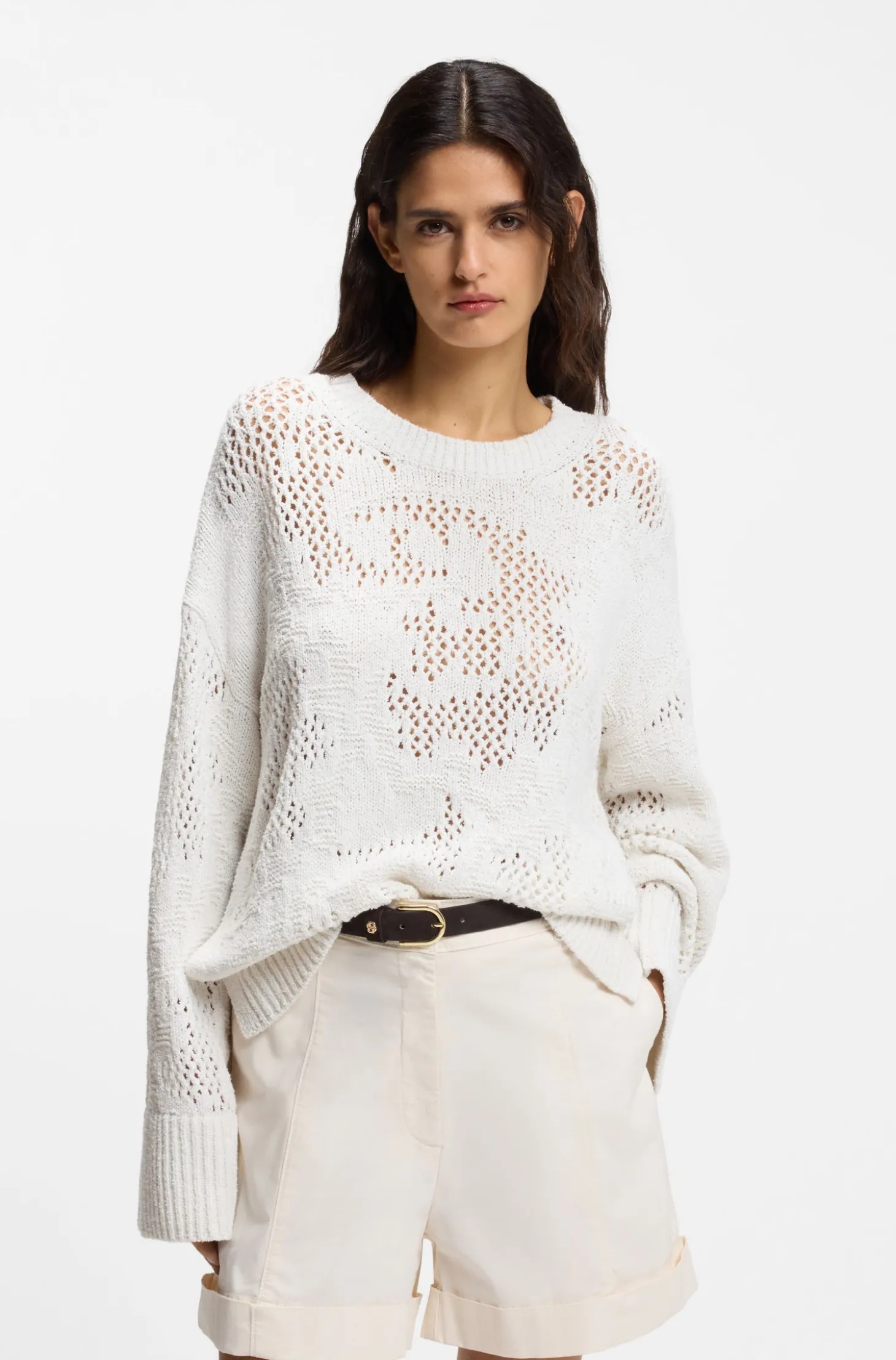 Oversized-Fit Pullover aus Baumwoll-Mix mit Strickmuster