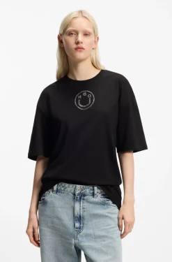 Oversized T-Shirt aus Baumwolle mit Happy HUGO Logo aus Strass