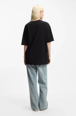 Oversized T-Shirt aus Baumwolle mit Happy HUGO Logo aus Strass
