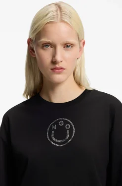 Oversized T-Shirt aus Baumwolle mit Happy HUGO Logo aus Strass