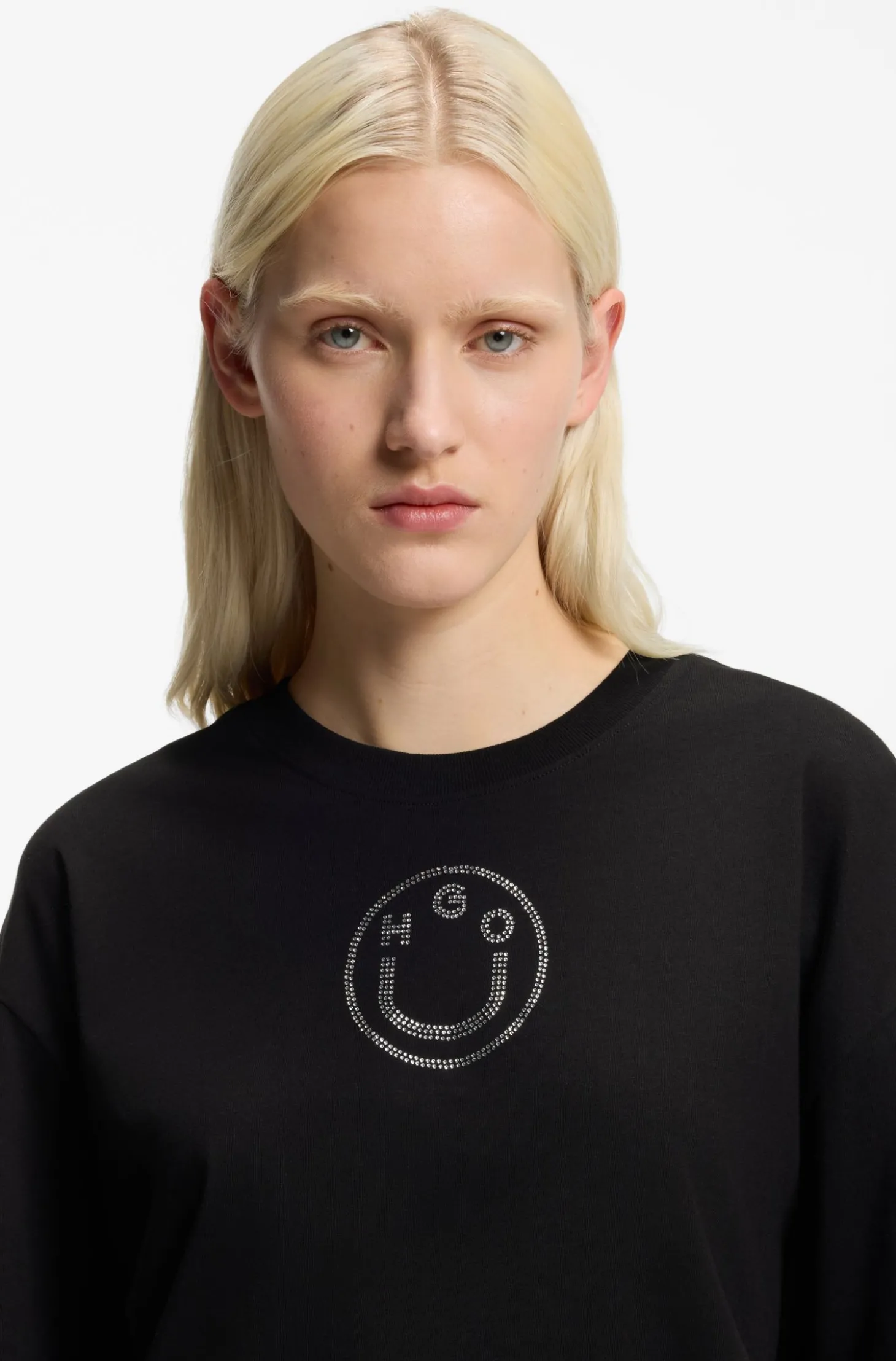 Oversized T-Shirt aus Baumwolle mit Happy HUGO Logo aus Strass
