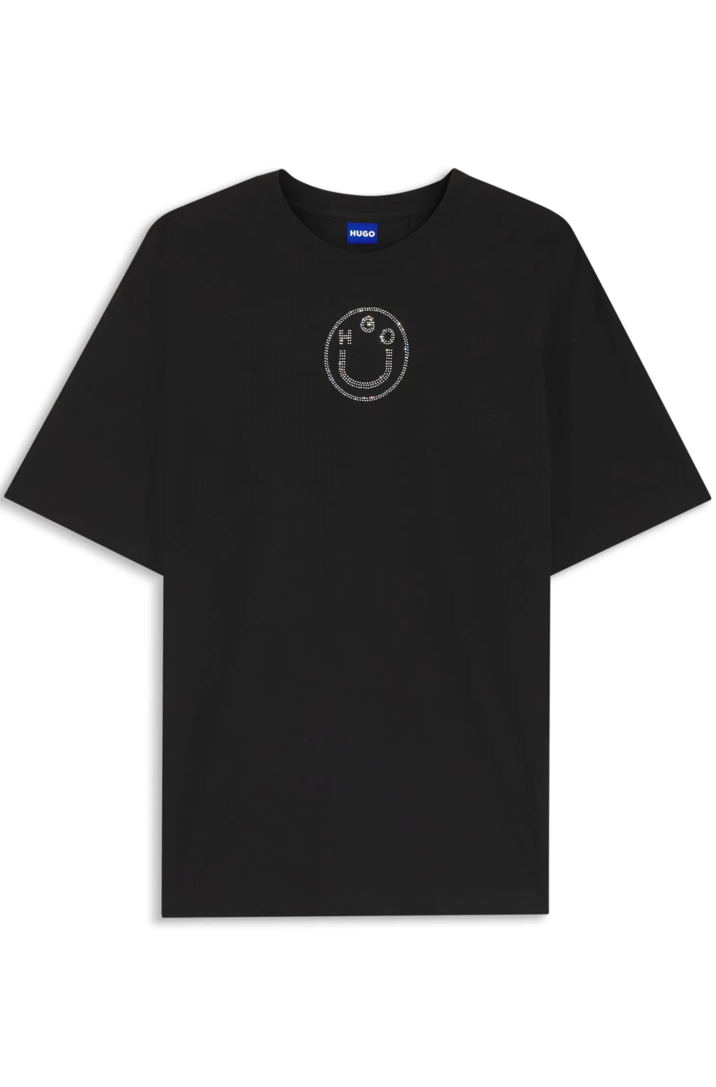 Oversized T-Shirt aus Baumwolle mit Happy HUGO Logo aus Strass