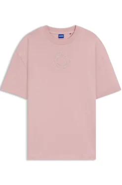 Oversized T-Shirt aus Baumwolle mit Happy HUGO Logo aus Strass