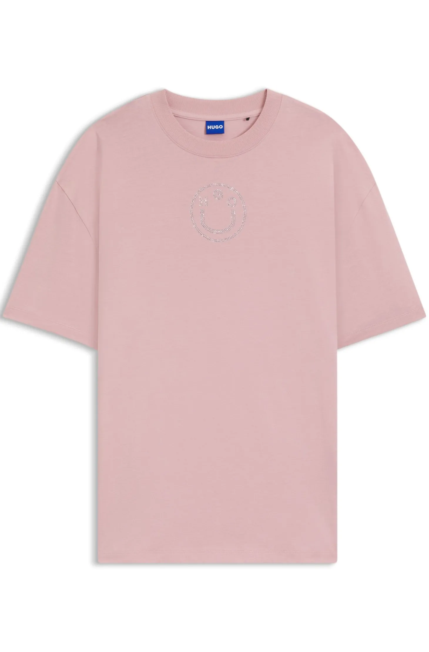 Oversized T-Shirt aus Baumwolle mit Happy HUGO Logo aus Strass