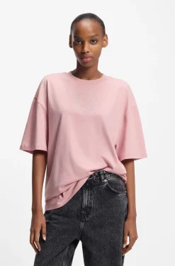 Oversized T-Shirt aus Baumwolle mit Happy HUGO Logo aus Strass