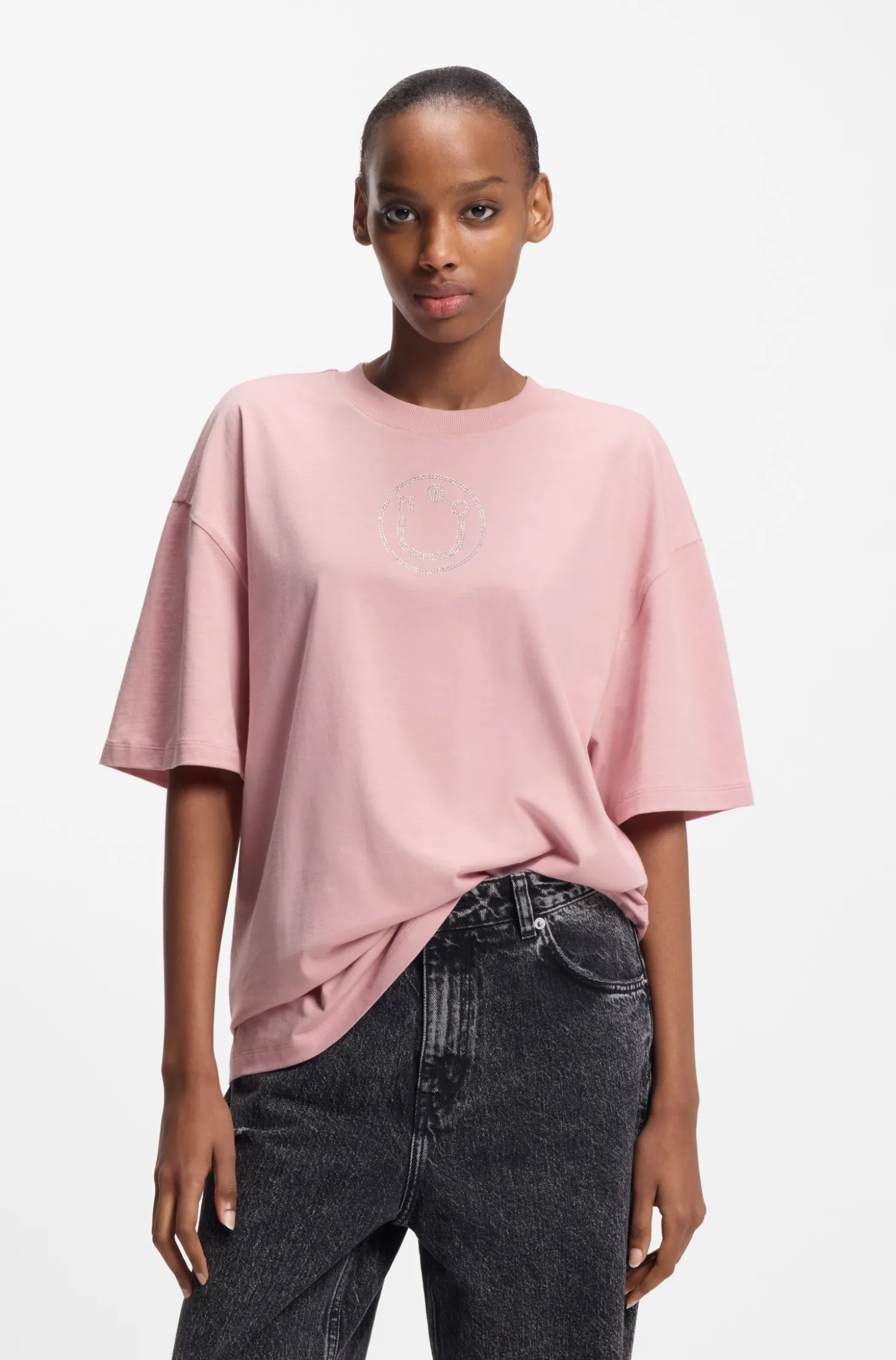 Oversized T-Shirt aus Baumwolle mit Happy HUGO Logo aus Strass