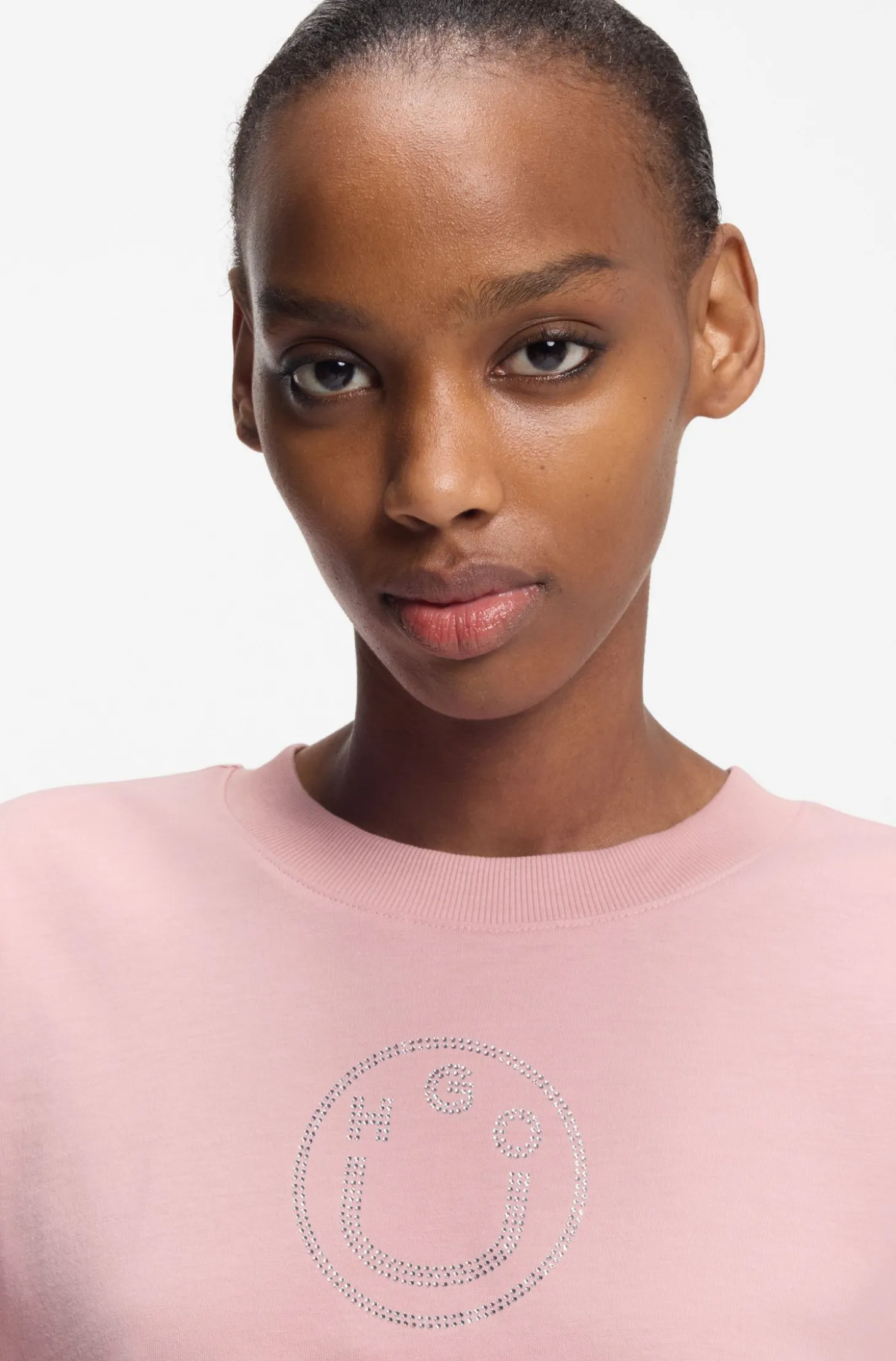 Oversized T-Shirt aus Baumwolle mit Happy HUGO Logo aus Strass