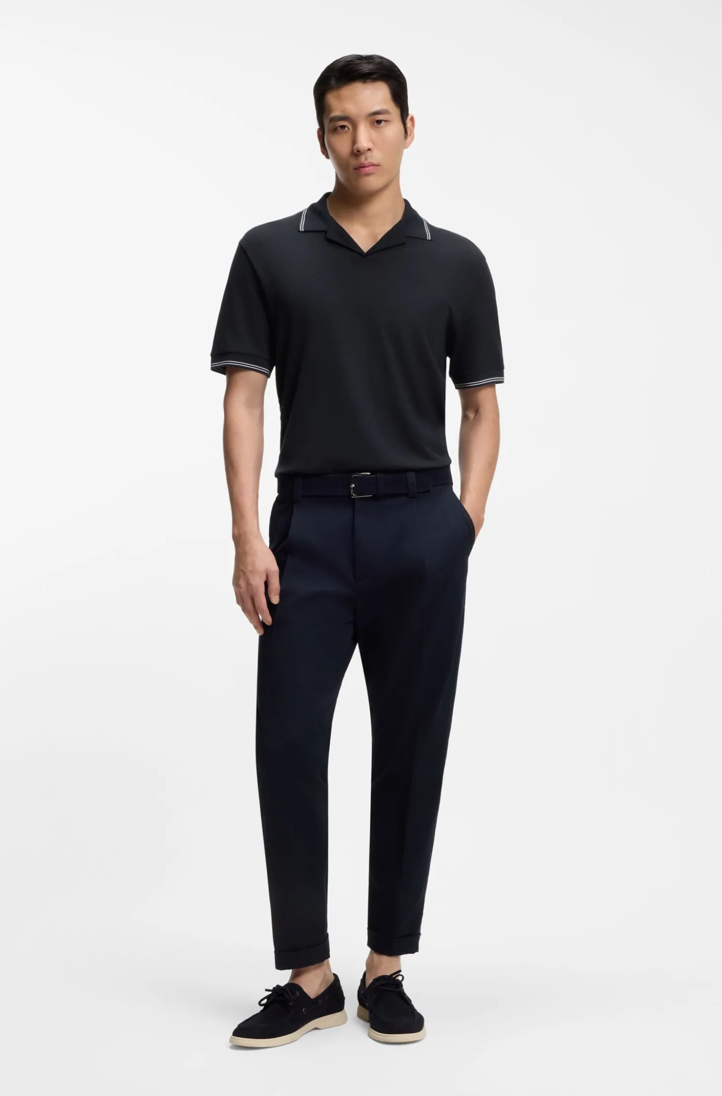 Poloshirt aus Baumwolle-Leinen mit Johnny-Kragen