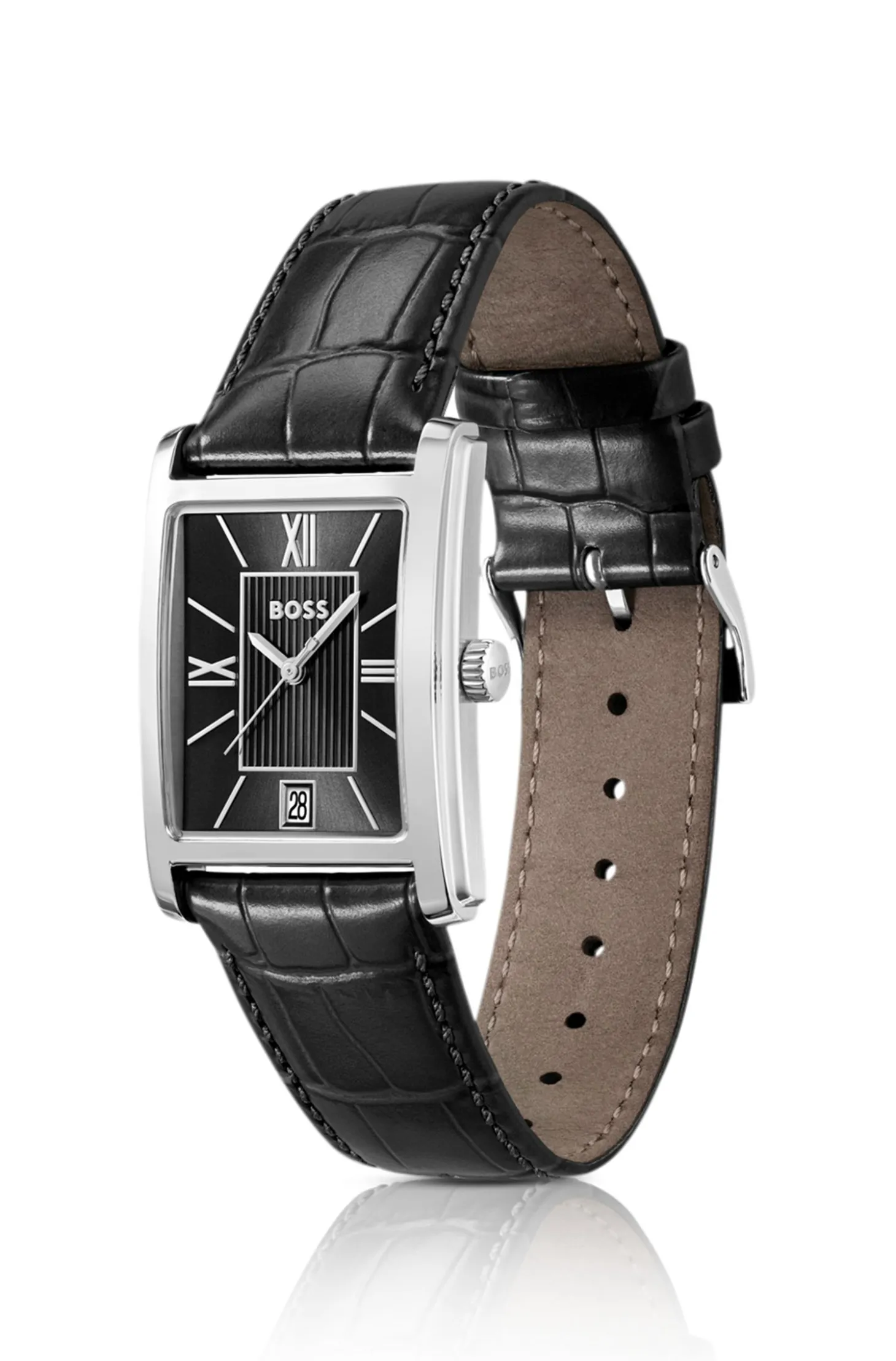 PRINCIPLE DRESS Uhr mit schwarzem Zifferblatt und Lederarmband mit Alligator-Prägung