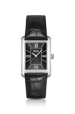 PRINCIPLE DRESS Uhr mit schwarzem Zifferblatt und Lederarmband mit Alligator-Prägung