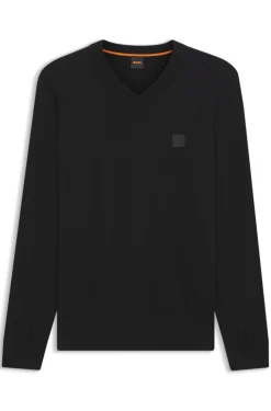 Pullover mit V-Ausschnitt aus Baumwoll-Mix mit Kaschmir und Logo-Aufnäher