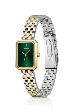 Rechteckige, zweifarbige Uhr mit grünem Zifferblatt
