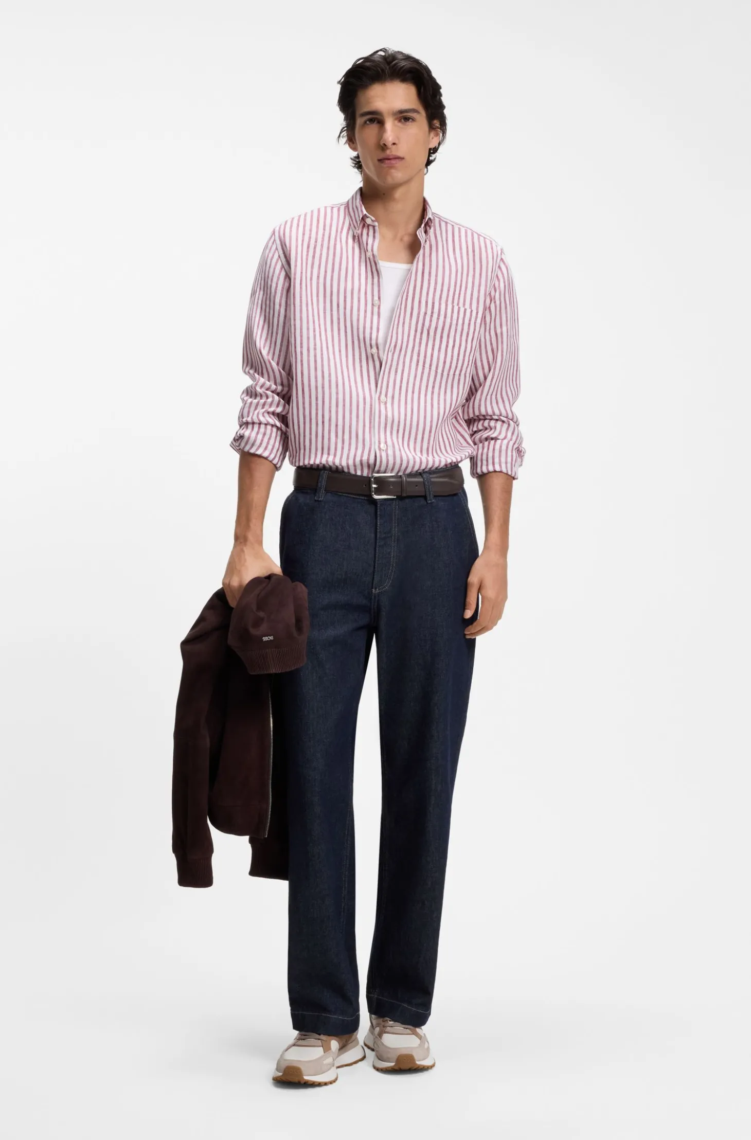 Regular-Fit Button-Down-Hemd aus Leinen mit Streifen-Dessin