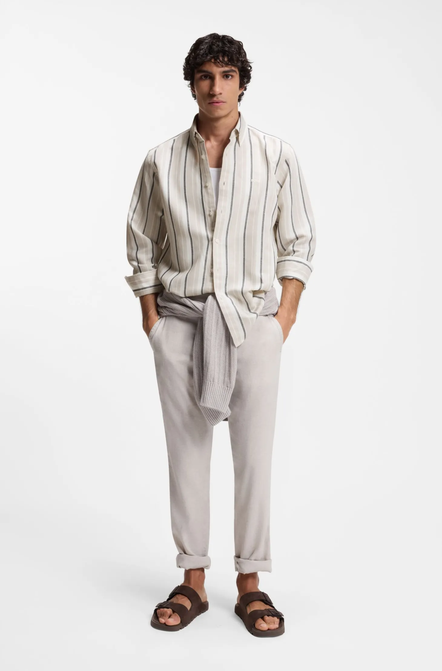 Regular-Fit Hemd aus gestreiftem Leinen und Baumwolle