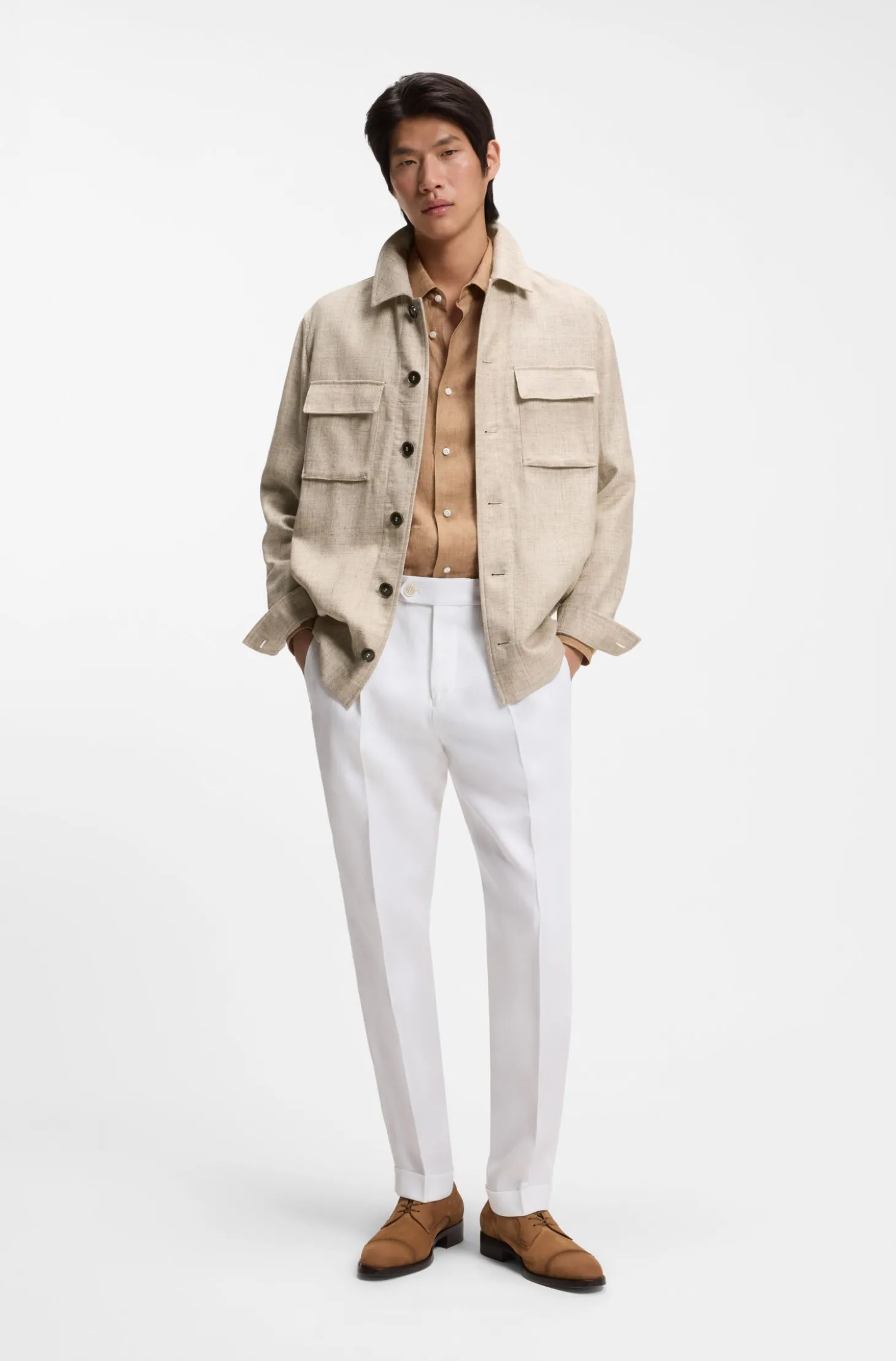 Regular-Fit Overshirt aus Schurwolle, Seide und Leinen