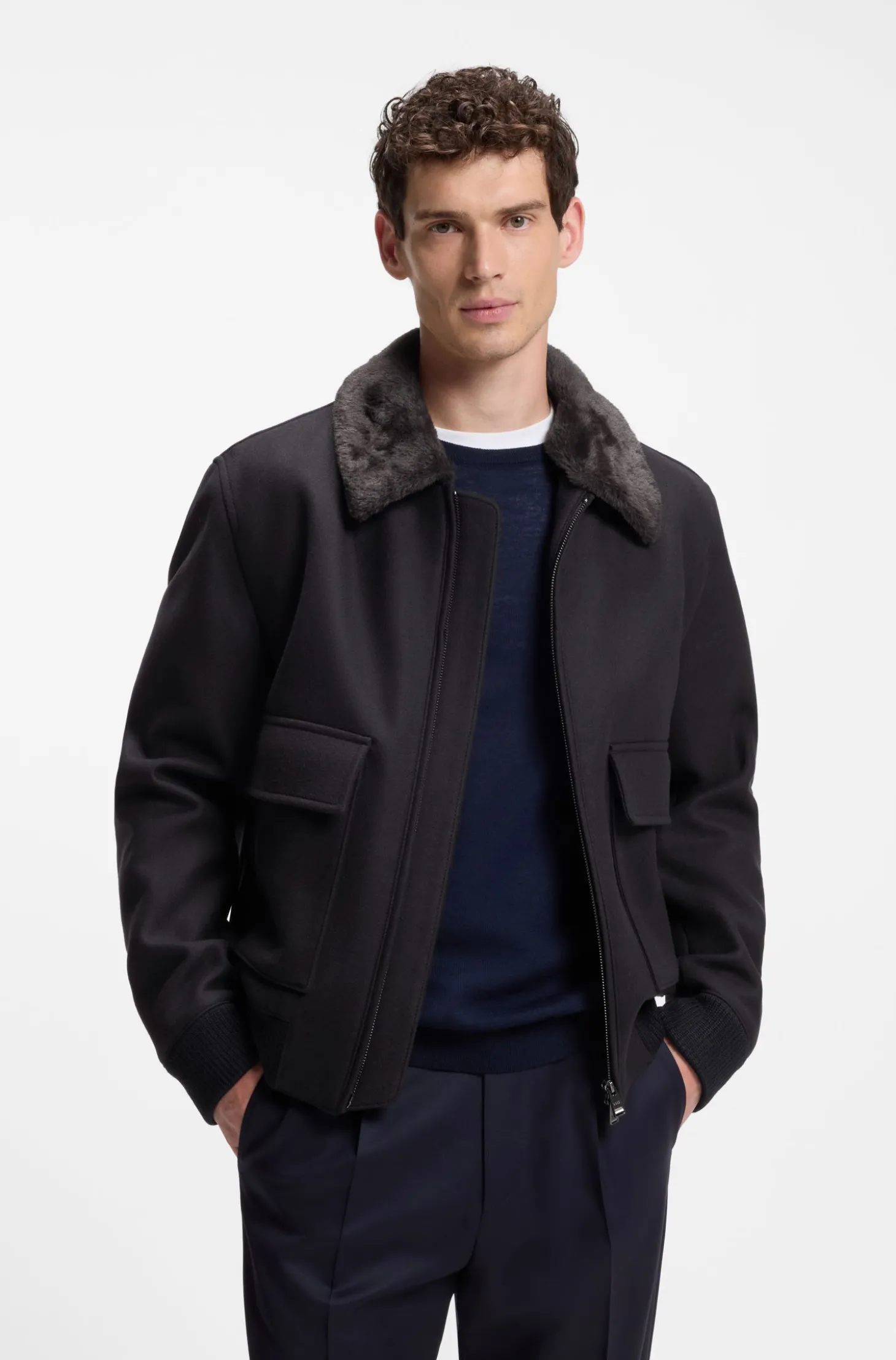 Regular-Fit Pilotenjacke mit abnehmbarem Kragen aus Kunstfell