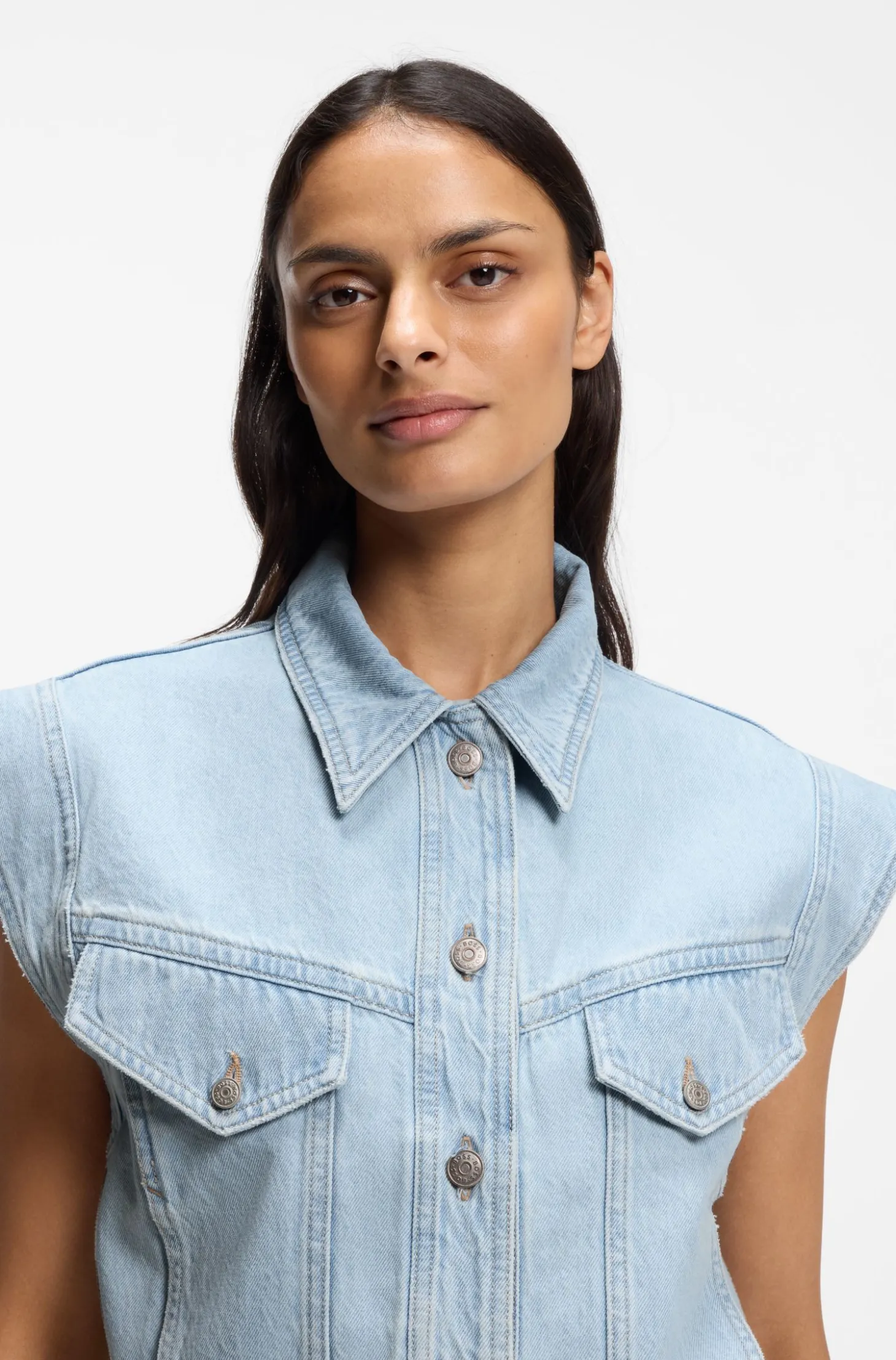 Regular-Fit Weste aus blauem marmoriertem Denim