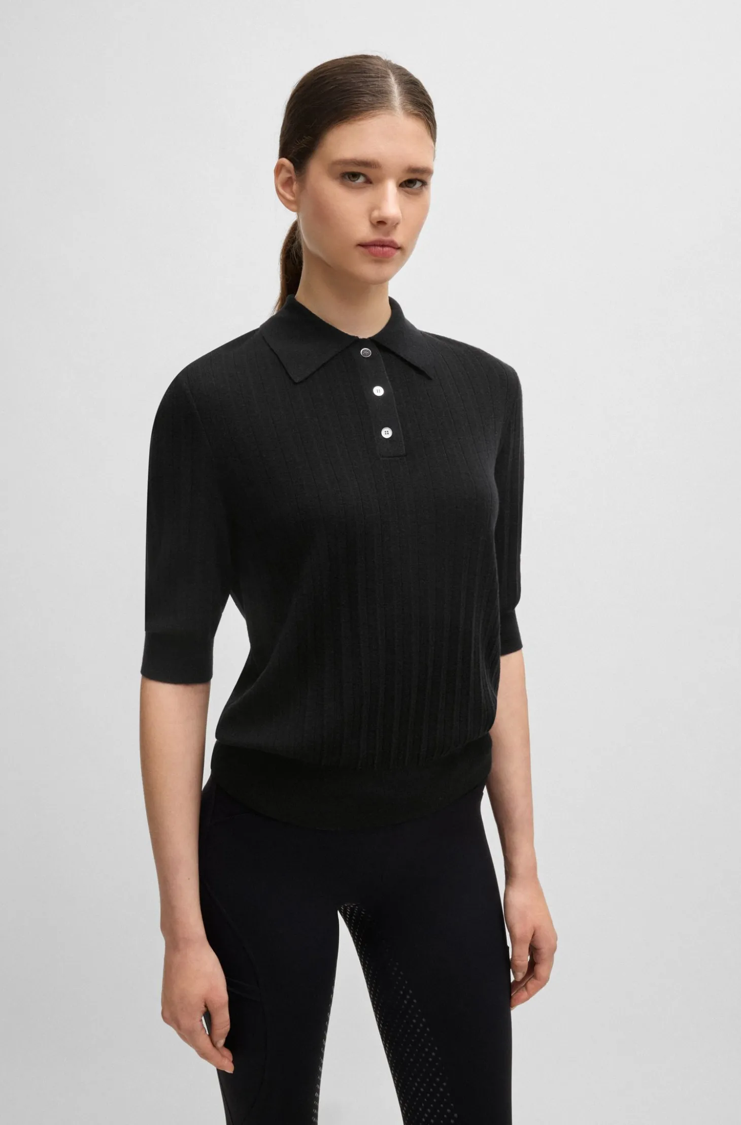 Reitsport-Poloshirt aus Rippstrick mit Oversized-Kragen