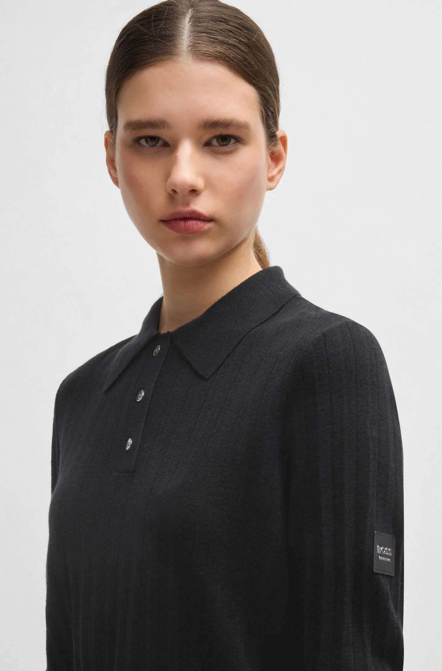 Reitsport-Poloshirt aus Rippstrick mit Oversized-Kragen