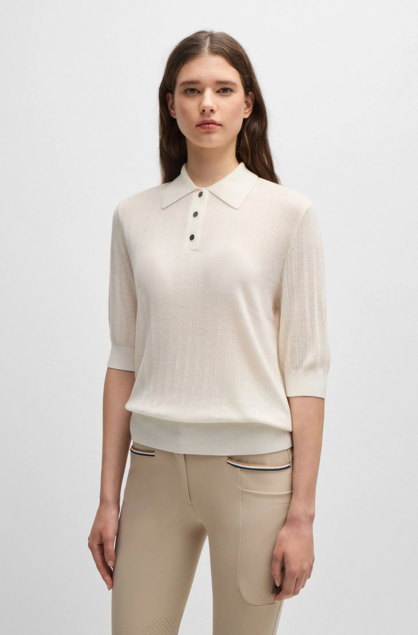 Reitsport-Poloshirt aus Rippstrick mit Oversized-Kragen