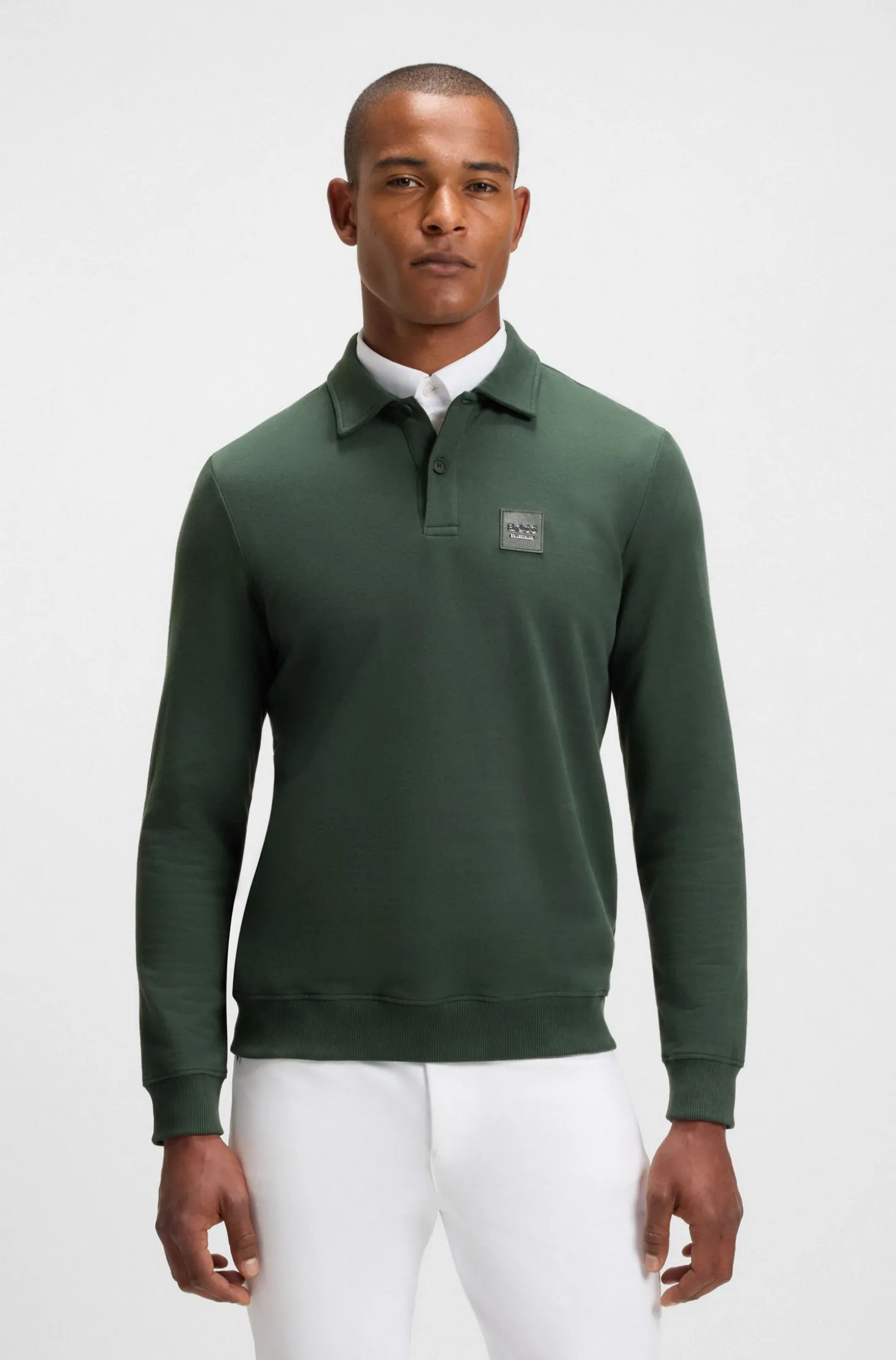 Reitsport-Strick-Poloshirt aus Stretch-Baumwolle mit Logo-Patch