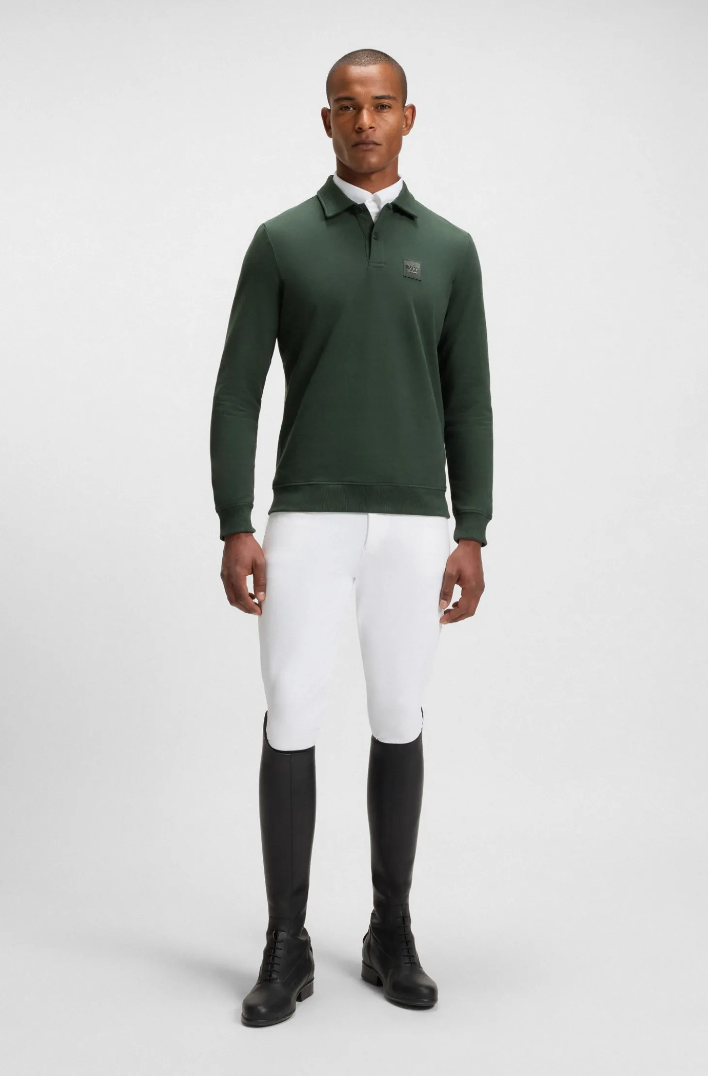 Reitsport-Strick-Poloshirt aus Stretch-Baumwolle mit Logo-Patch