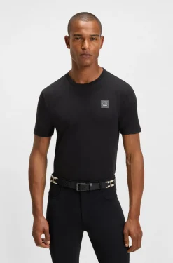 Reitsport-T-Shirt aus Stretch-Baumwolle mit Logo-Patch