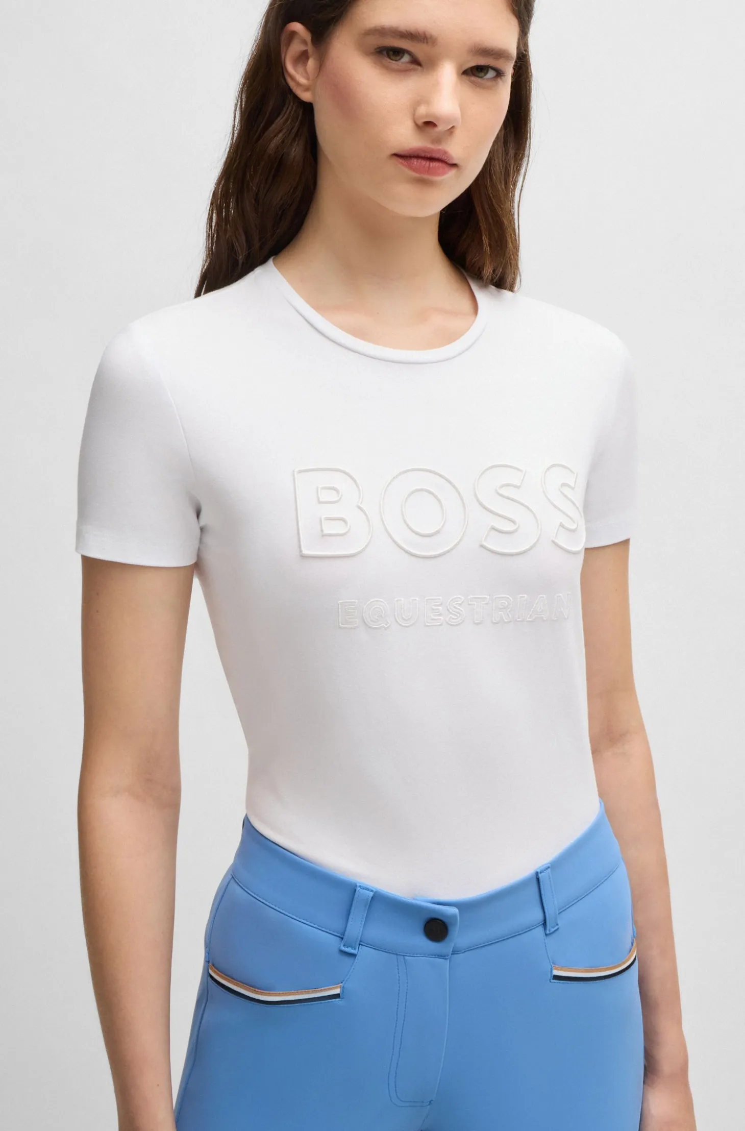 Reitsport-T-Shirt aus Stretch-Baumwolle mit Logo-Stickerei