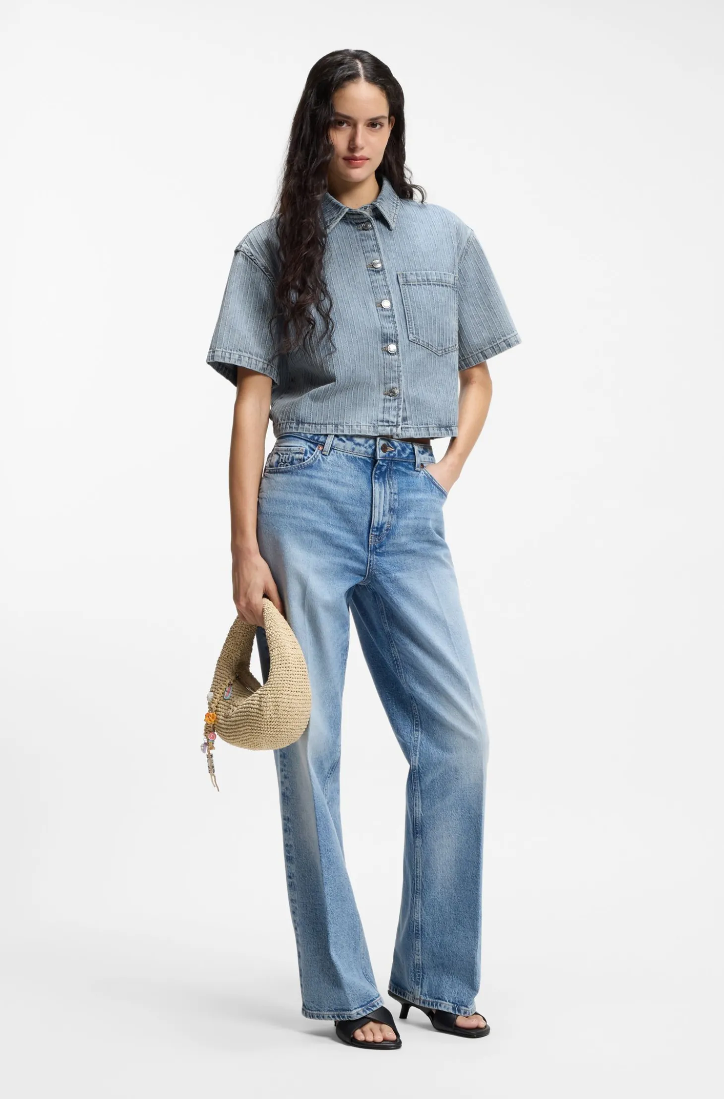 Relaxed-Fit Bluse aus gestreiftem Rigid-Denim