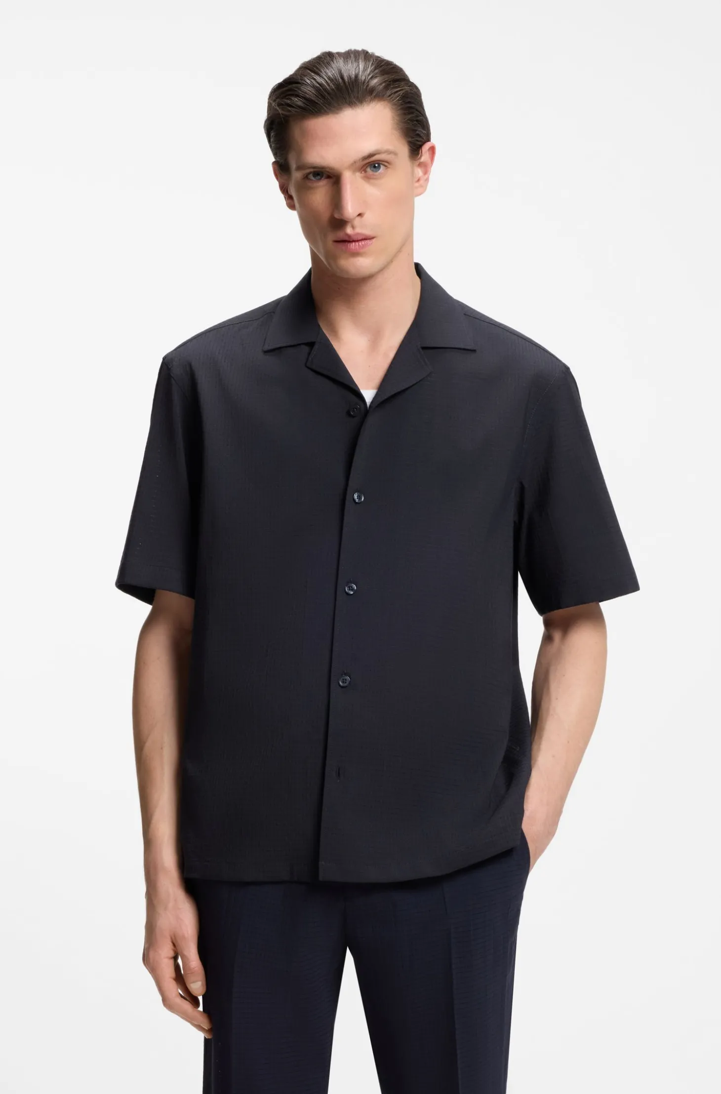 Relaxed-Fit Hemd aus Woll-Mix mit Mesh-Muster