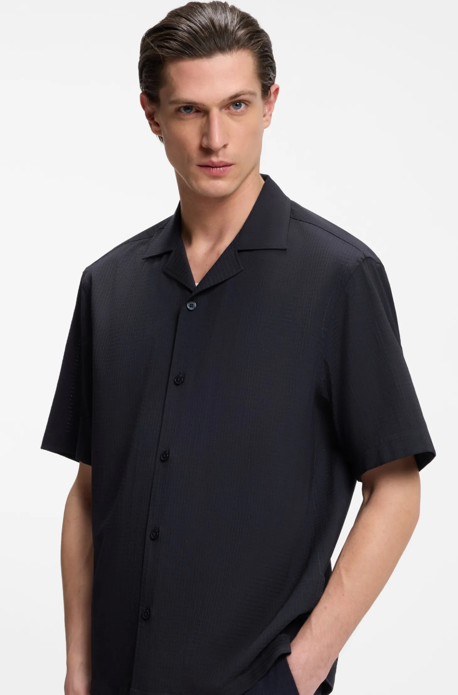 Relaxed-Fit Hemd aus Woll-Mix mit Mesh-Muster