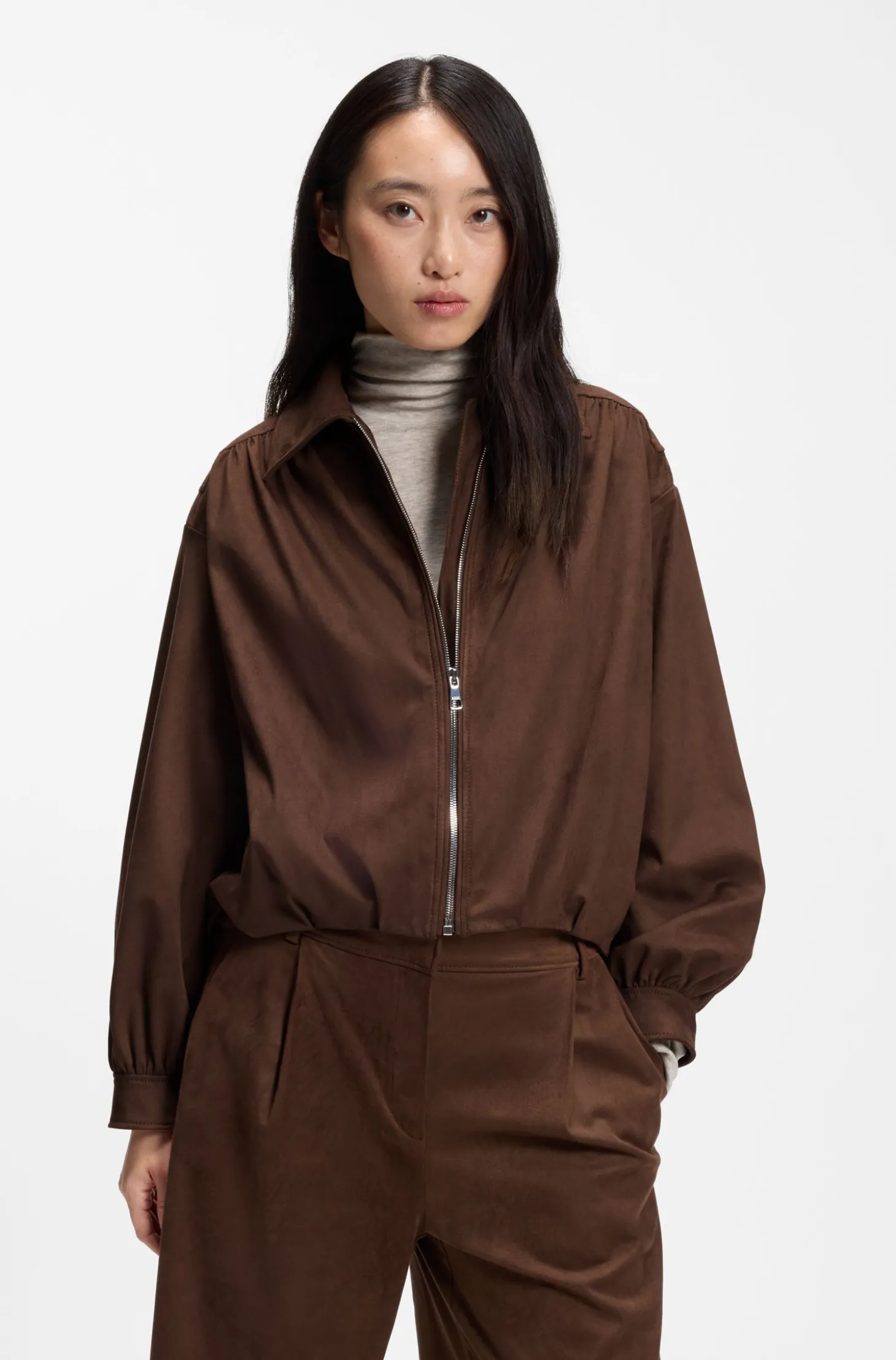 Relaxed-Fit Jacke aus Veloursleder-Imitat mit Reißverschluss