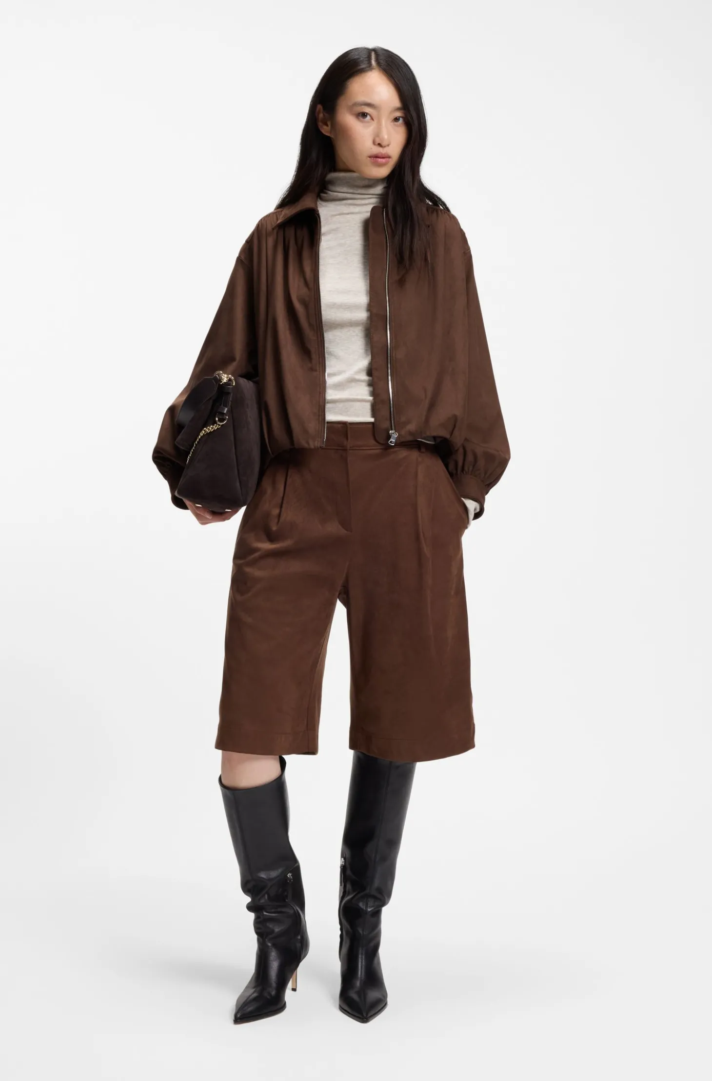 Relaxed-Fit Jacke aus Veloursleder-Imitat mit Reißverschluss