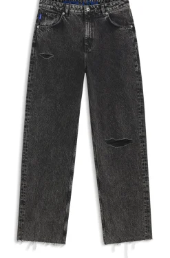 Relaxed-Fit Jeans aus schwarzem, festem Denim in Used-Optik