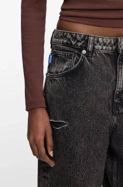 Relaxed-Fit Jeans aus schwarzem, festem Denim in Used-Optik