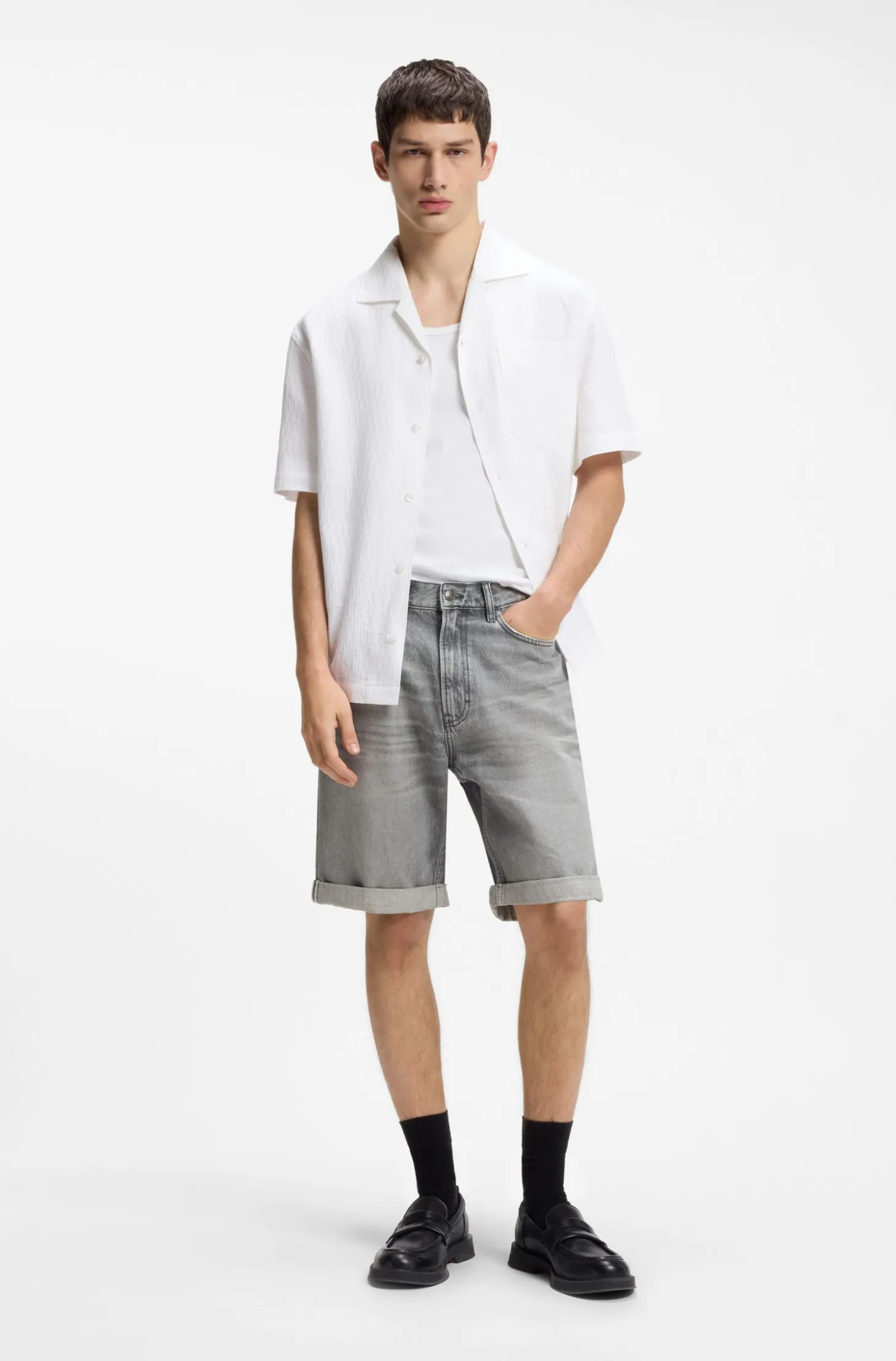 Relaxed-Tapered-Fit Shorts aus grauem Stone-washed-Denim