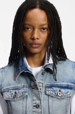 Ärmellose Weste aus azurblauem Denim in Cropped-Länge