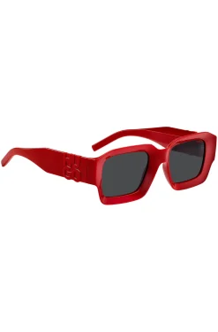 Rote Sonnenbrille mit Stack-Logo an den Bügeln