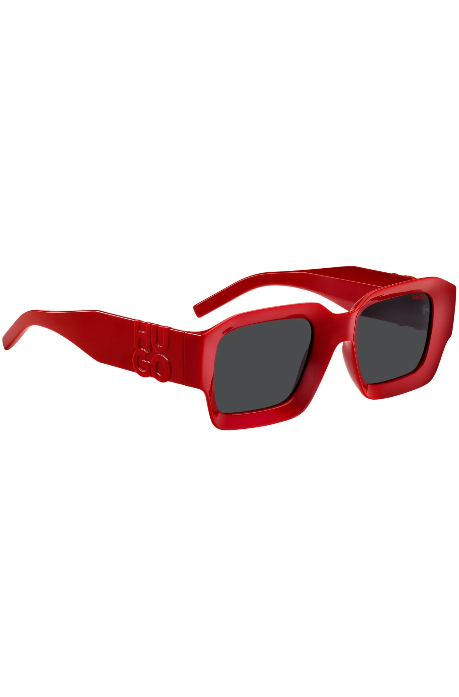 Rote Sonnenbrille mit Stack-Logo an den Bügeln