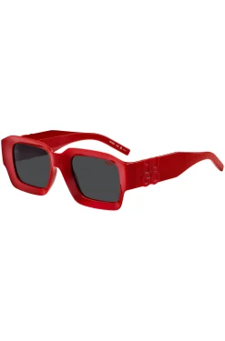 Rote Sonnenbrille mit Stack-Logo an den Bügeln