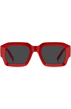 Rote Sonnenbrille mit Stack-Logo an den Bügeln