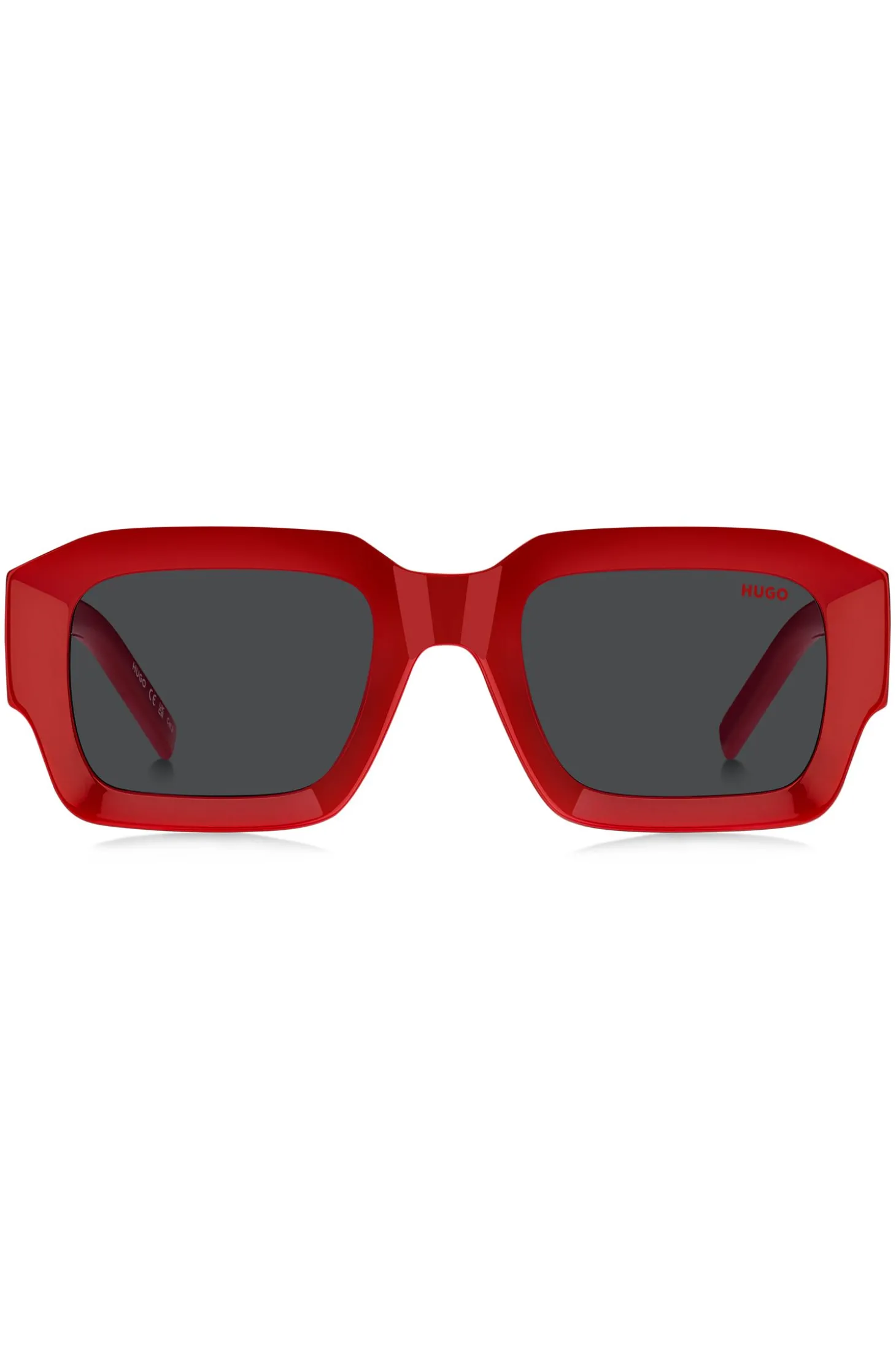 Rote Sonnenbrille mit Stack-Logo an den Bügeln